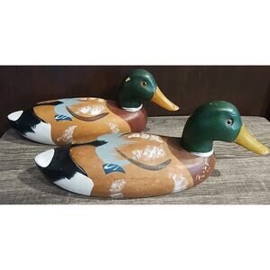 2 Vintage Folk Art Painted Carved Wooden Decoy Glass Eyes Drake Mallard Duck 14"
